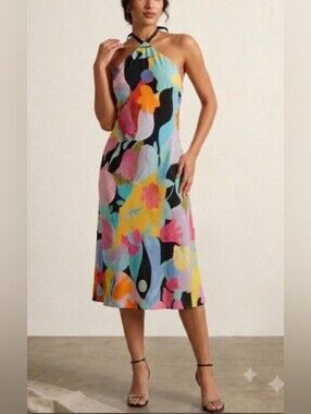 RIXO Hayley Vibrant Floral Halter Midi Dress - Size S